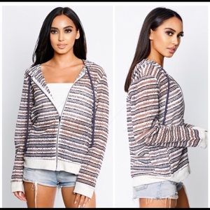 Striped Knit Zip-Up Utility Hoodie Jacket - Brown/Black